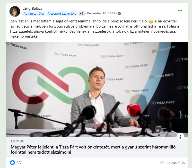 Láng Balázs szerint anyagi haszonlesők is bekerültek a TISZA Szigetekbe