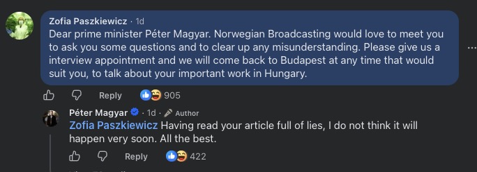 A norvég TV-s Zofia Paszkiewicz a Facebookon válaszolt Magyar Péternek az elmaradt interjú miatt